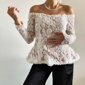 Vintage | Cream beaded lace off-shoulder long sleeve peplum 80s wedding top